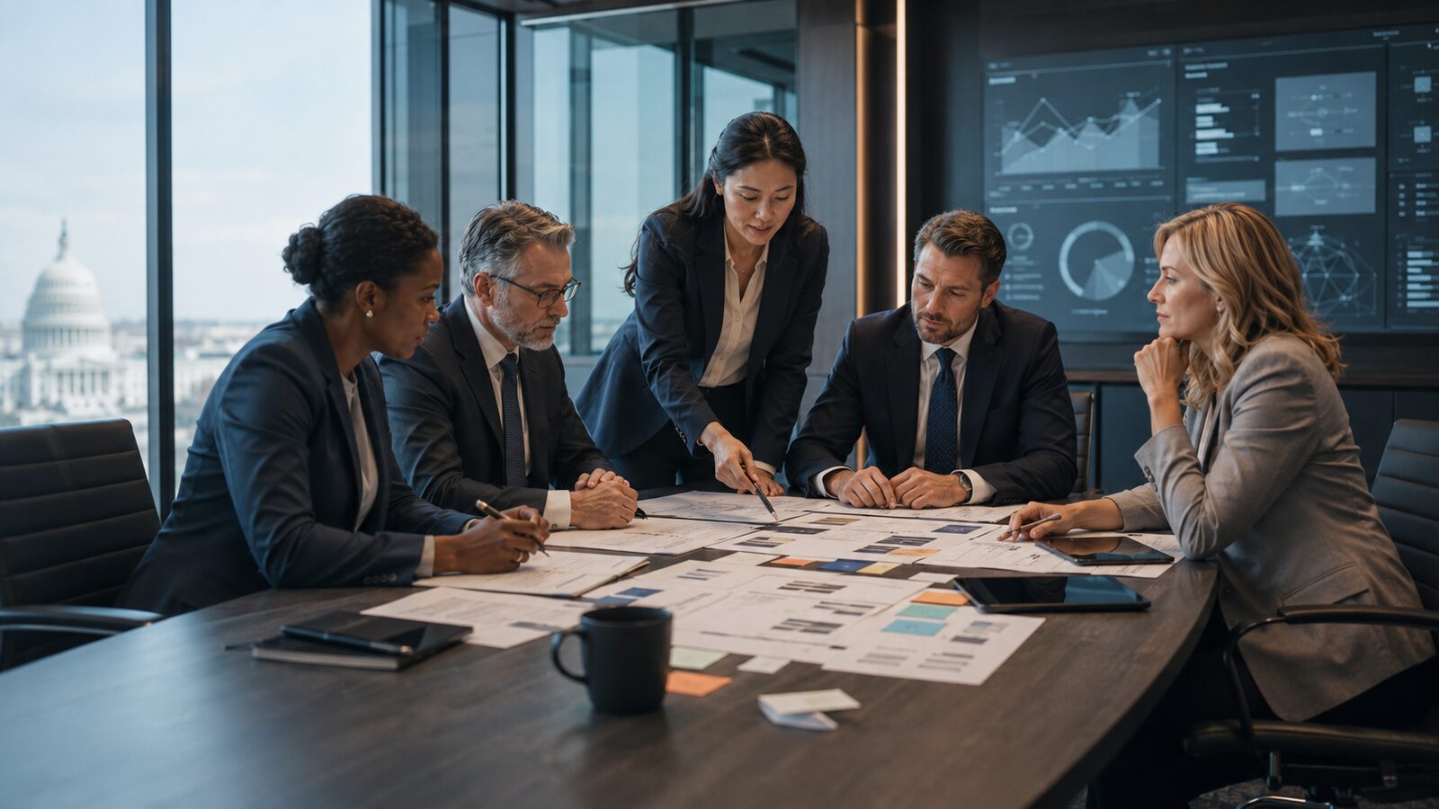 CaptureBridge advisors leading a Federal capture strategy session in a Washington, DC boardroom